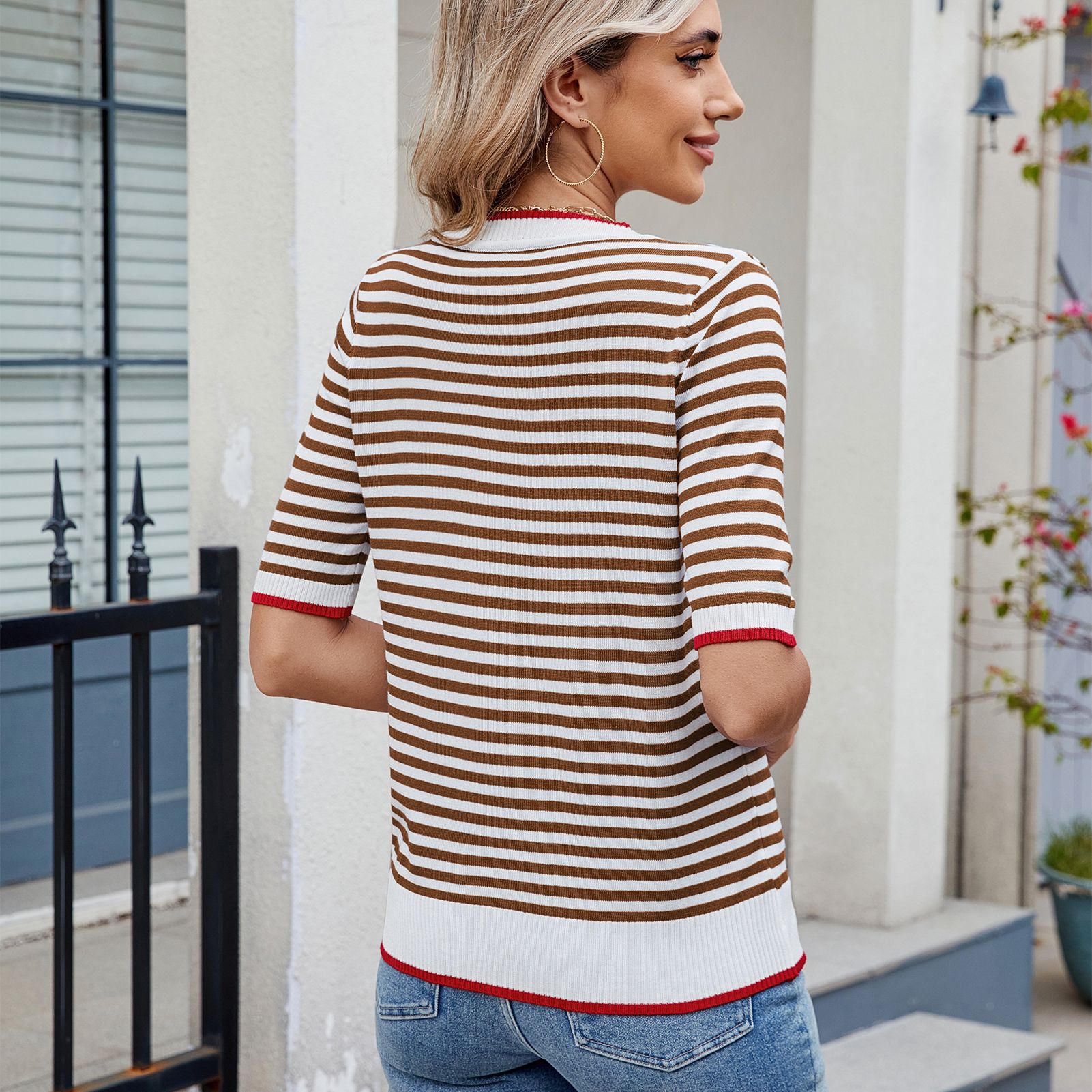 Women Clothing Summer Stripe Knitted T shirt Short Sleeve Ice Silk Contrast Color British College