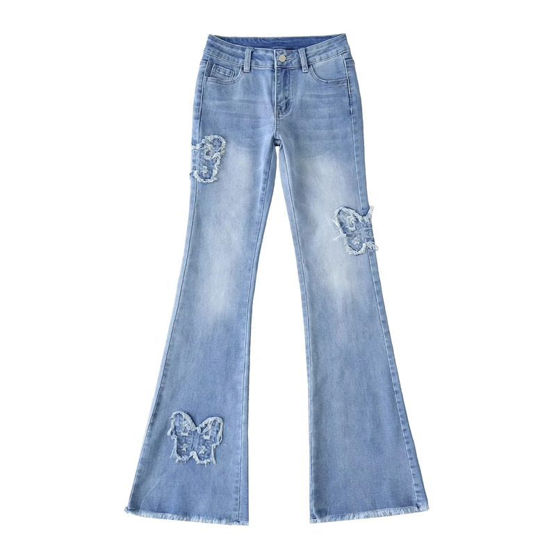 Hot Girl Washed Light Blue High-Waisted Slim Raw Edge Jeans Women's Raw Edge Butterfly Decoration Retro Low-Waisted Bell-Bottom Pants