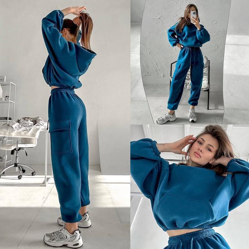 Daily Occasion Hooded Neckline Comfort Function Women's Hoodies Sets Long Sleeve Pocket Simple Style Solid Color