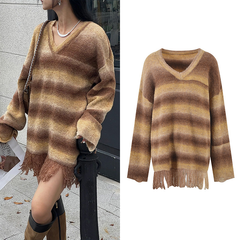 Designed V-Neck Sweater for Women, Autumn and Winter, Thickened, Loose, Lazy Style, Striped, Slimming, Mid-Length, with Tassel Hem