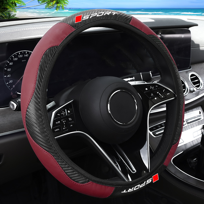 New Car Steering Wheel Cover with High-End Leather Carbon Fiber Pattern and Sporty Lettering, Suitable for All Seasons