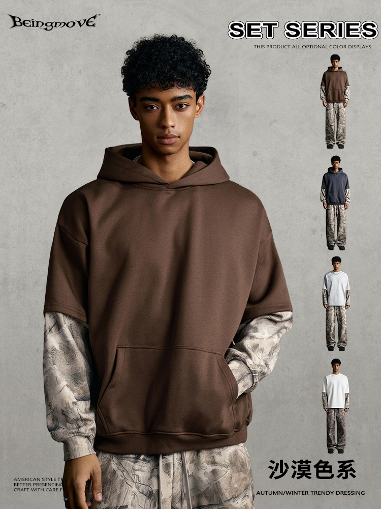 Calle secada| 2025 marca de moda americana industria pesada más camiseta encapuchada camiseta de manga larga serie de camuflaje para hombres