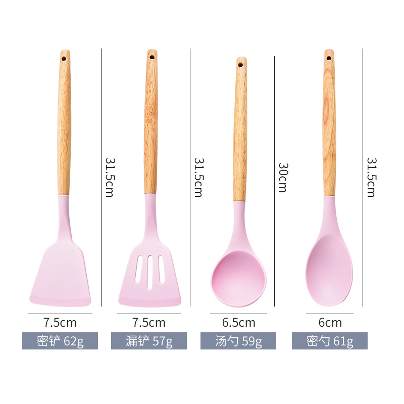 Utensilios de cocina de silicona, juego de 12 piezas, espátula y cuchara antiadherentes, juego de utensilios de cocina de calidad alimentaria con mango de madera, 11 piezas de almacenamiento