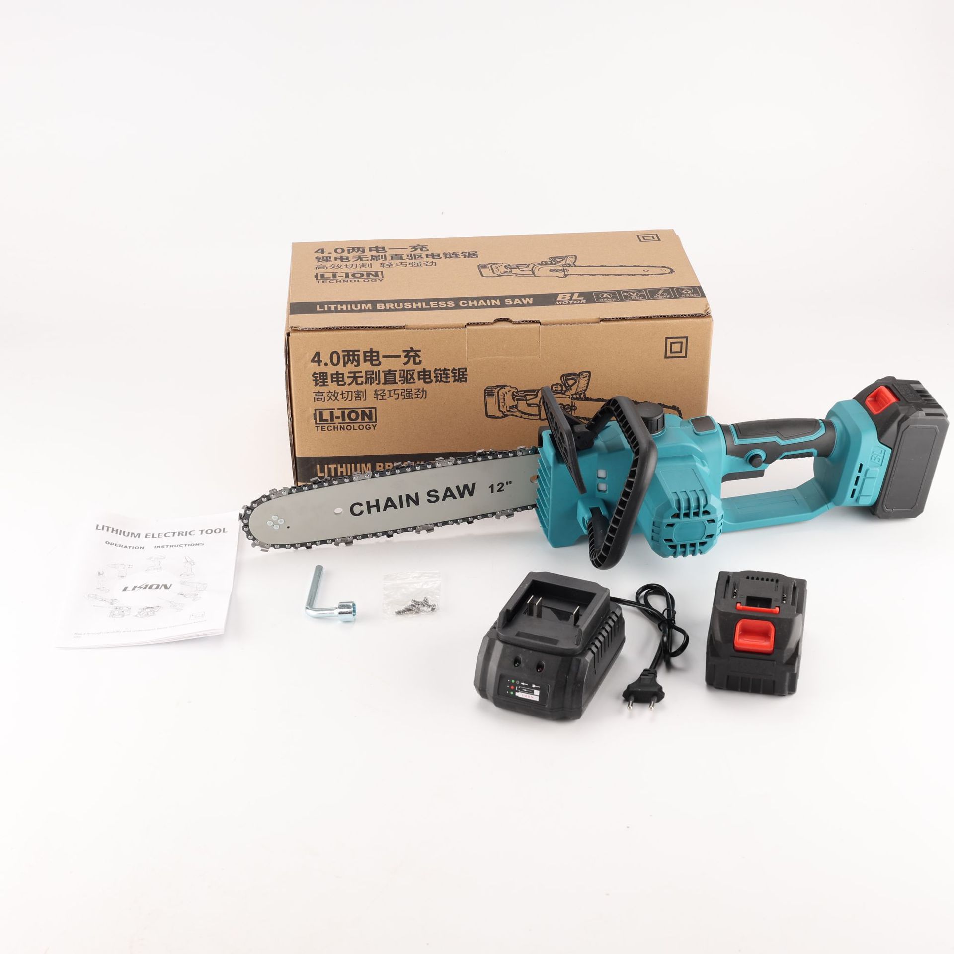 Sierra de cadena eléctrica multifuncional transfronteriza de mano comercio exterior 12 pulgadas madera jardín sierra de madera de alta potencia sin escobillas sierra de litio