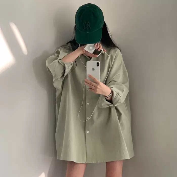 chic 少女心爱心扣宽松中长款长袖衬衣女