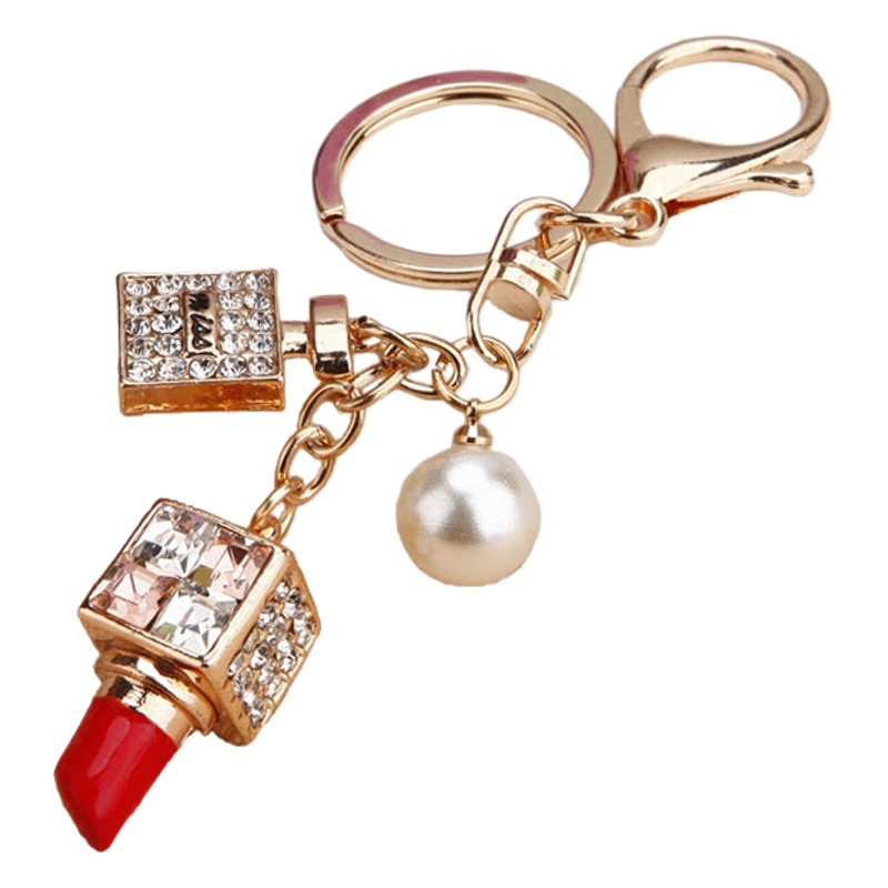 Perla botella de perfume del coche arco llavero femenino lindo creativo bolsa colgante anillo regalo diamante