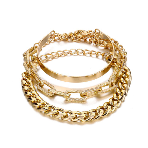Amazon Bestselling Metal Bracelet Set, European and American Cross-Border Personalized Thick Chain Bracelets, Polished Multi-Layer Open Bracelet