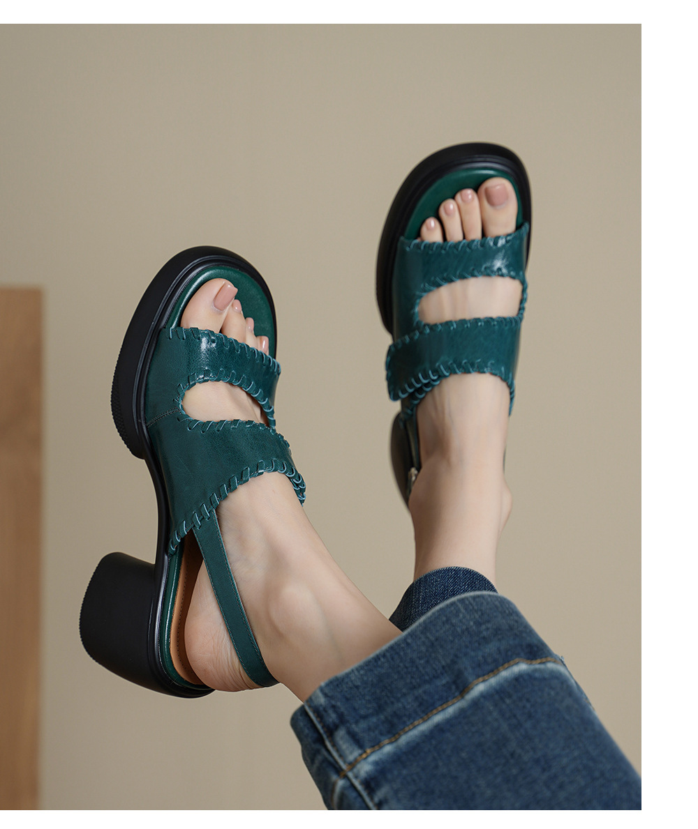 Sandal cao gót nữ hở mũi da bò gót vuông 8 cm đế dày — đen chi tiết 2