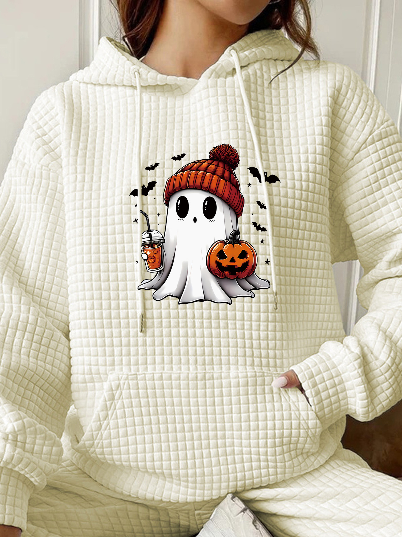 Sudadera de manga larga con capucha tipo gofre para mujer, estilo otoño/invierno, con estampado de Halloween, corte holgado, talla europea._voghion.com
