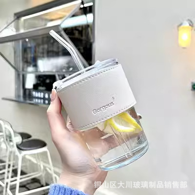 Taza de bambú en línea logotipo de apertura impresión de taza de vidrio de paja de café de desayuno taza de leche taza de agua