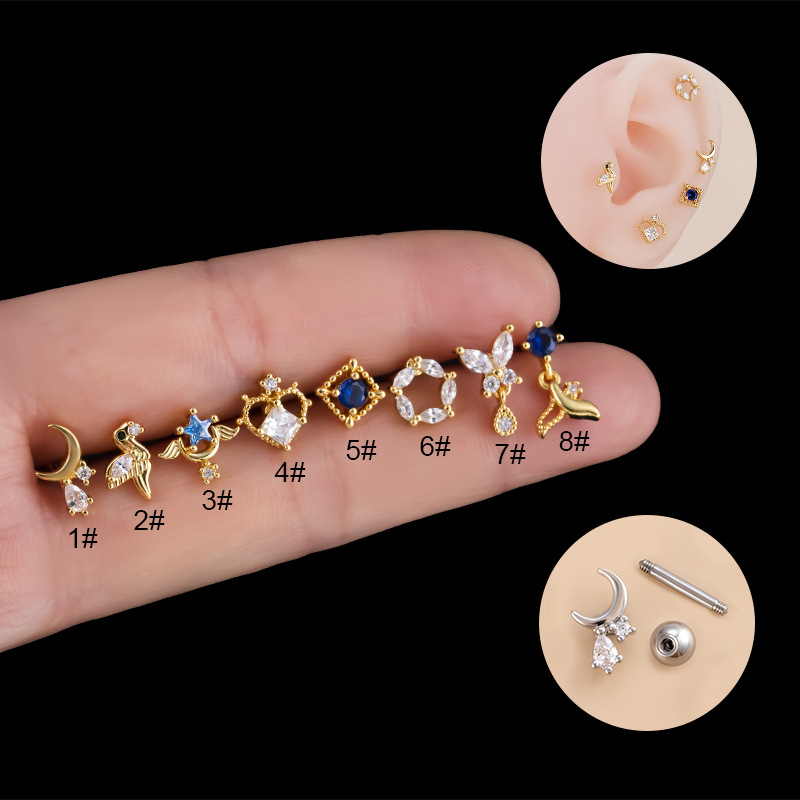 4g Weight Zircon Inlay Material 1 Piece 316L Stainless Steel Copper Zircon Ear Cartilage Rings & Studs Moon Water Droplets Heart Shape Waterproof Non Tarnish Surgical Steel