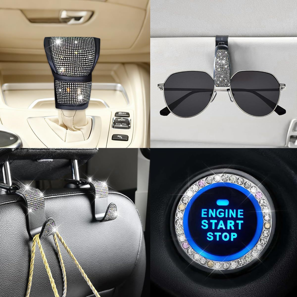 11-Piece Car Interior Set with Diamond-Encrusted Steering Wheel Cover, Car Hook, Glasses Holder, One-Touch Start Ring