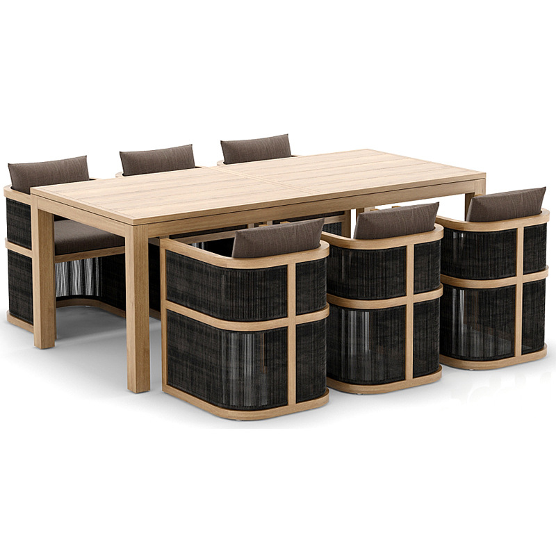Mesas y sillas de exterior tejidas con cuerda, balcón moderno para ocio, muebles de patio de alta gama, conjunto de aleación de aluminio resistente al agua y al sol.