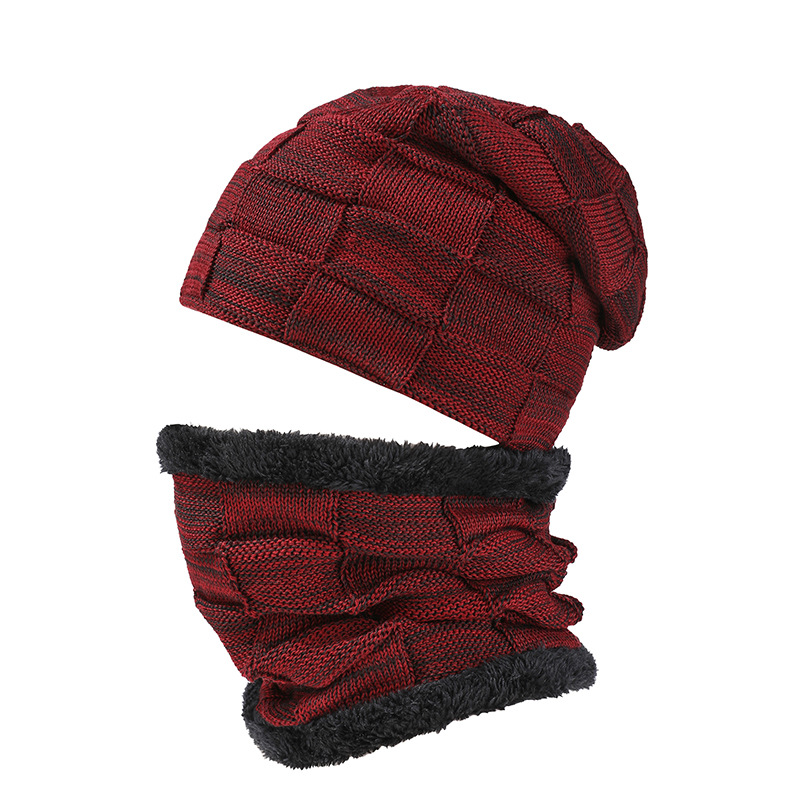 New Winter Plush Thick Knitted Hat And Neck Set Two Piece Checkered Fashion Outdoor Men's Knitted Hat Set Head_voghion.com