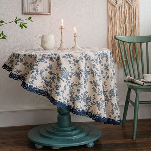 Yimanqiyun tablecloth blue rose printed tablecloth cotton and linen round fabric retro small round table INS style
