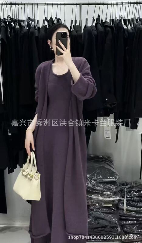 高品高克重绵羊绒纯色两件套2025新款时尚百搭气质针织开衫连衣裙|undefined