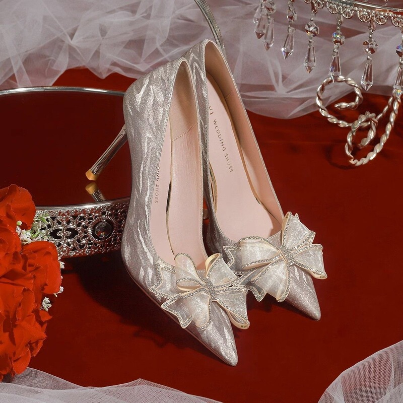 Single Shoes French Champagne Wedding Shoes Autumn and Winter Women's Bridal Shoes 2025 New Hoe Show Wedding Dress Two-Wear Engagement High Heels