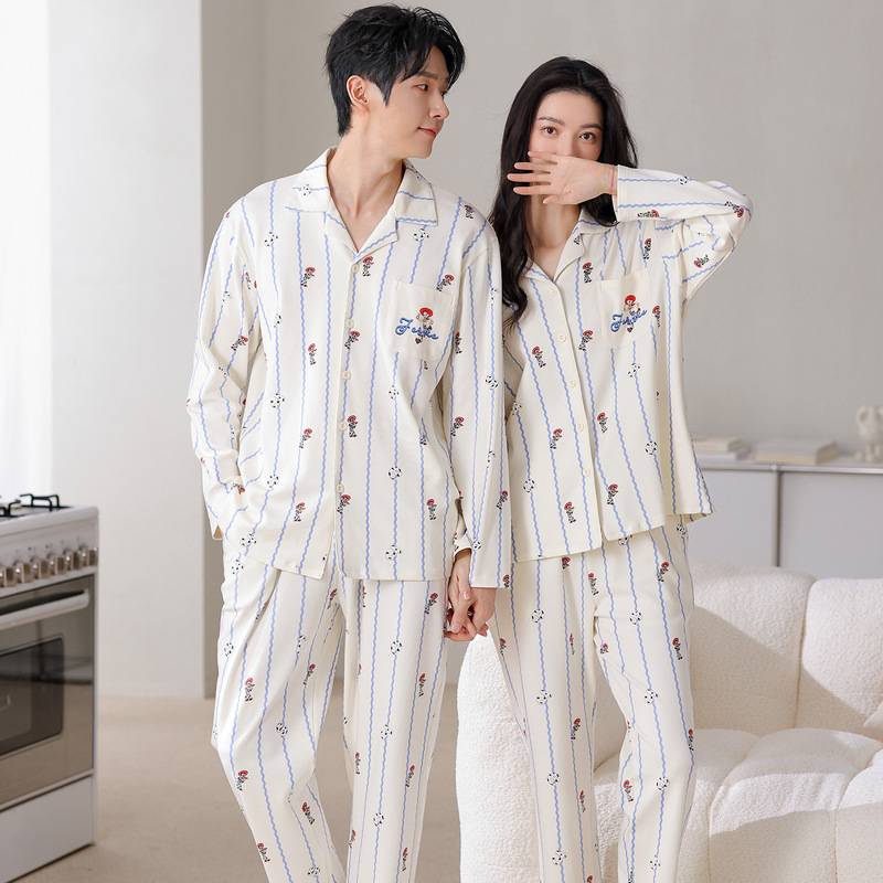 韩式翻领开衫纯棉情侣睡衣秋季长袖长裤时尚休闲青年家居服可外穿|undefined