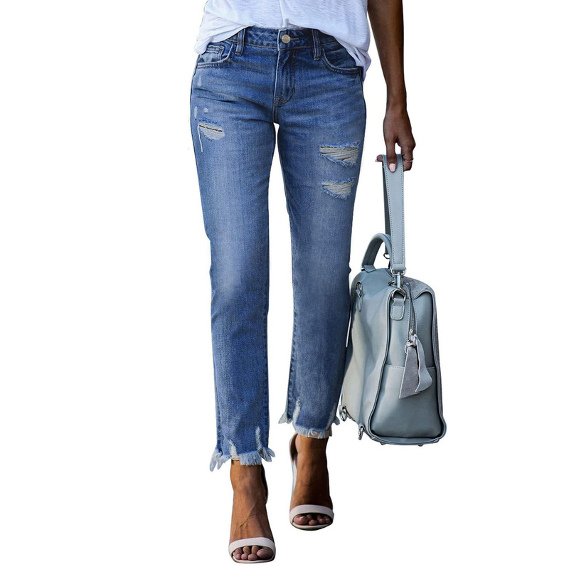Cross-Border European and American Washed Ripped Women's Jeans 2025 New Style Ripped Raw Edge Denim 9-Point Pants in Stock