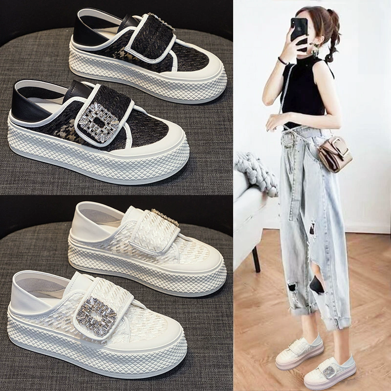 Популярные в Интернете белые туфли знаменитостей для женщин, лето 2021, новые дышащие универсальные туфли со стразами и сеткой для спорта и отдыха на толстой подошве