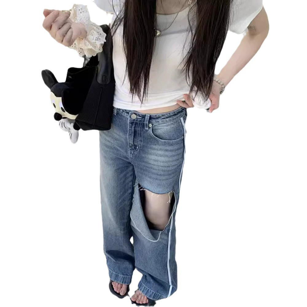 Retro spring trousers, jeans, American style, high waist, loose straight fit