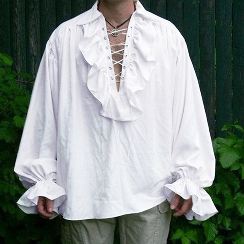 欧美亚马逊中世纪男士复古演出服系带蓬蓬袖衬衣 文艺复新上衣-阿里巴巴
