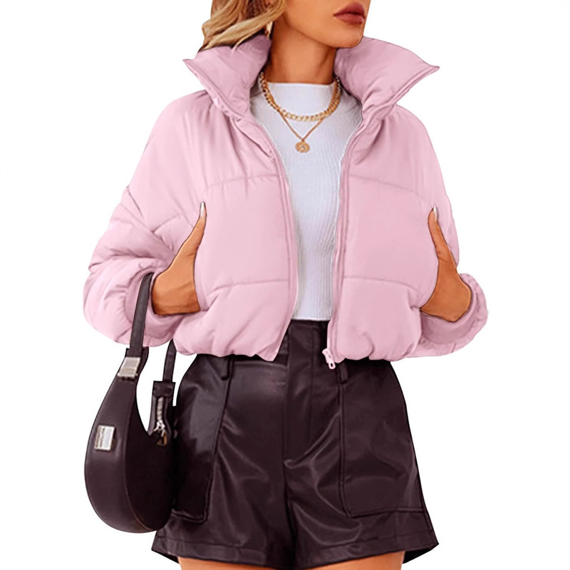 Cross-Border Foreign Trade Women's Short Cotton Jacket, Lightweight Long-Sleeve Zip-Up Winter Coat, Thickened Warm Jacket, Light and Warm