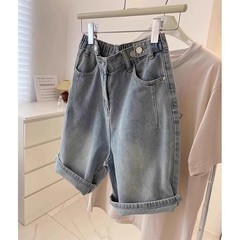 五分デニムの半ズボンの女性の夏の薄いタイプの大きいサイズの太っている妹の高腰のまっすぐな筒はゆったりとしています。
