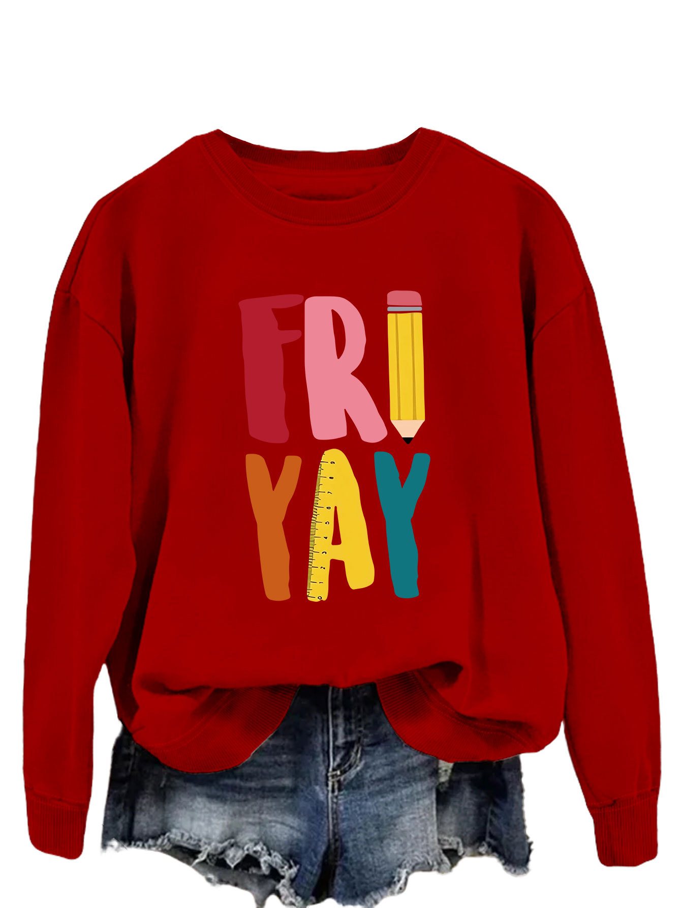 Estación independiente de moda Suelta todo fósforo superior FRI YAY lápiz divertido carta de impresión camisa de manga larga de las mujeres suéter