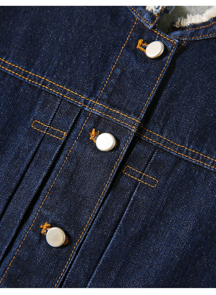 Áo khoác denim nữ cổ tròn tay dài màu xanh đậm phong cách vintage tôn dáng — Màu xanh đậm chi tiết 13
