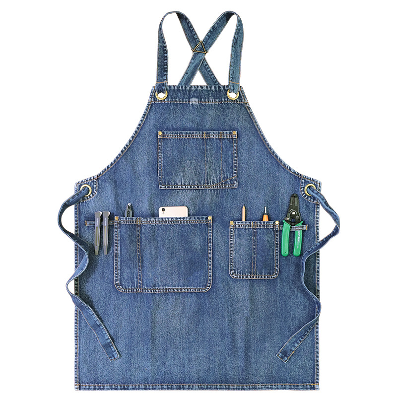 Amazon transfronterizo delantal denim lavado resistente al desgaste, teñido,烫me, peluquería, camarero de cocina, fábrica de ropa de trabajo al por mayor