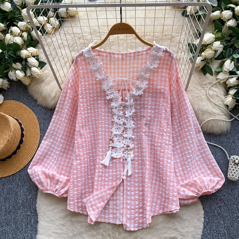 Korean-style Commuting Pink Lantern Sleeve Shirt for Women, Lace V-neck Tie Loose Cardigan, Elegant Top, Fall 2026