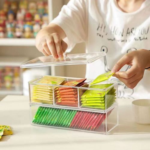 Tea bags, coffee capsules storage shelf, sugar bag stirring stick, coffee milk tea bag acrylic storage with lid on bar counter
