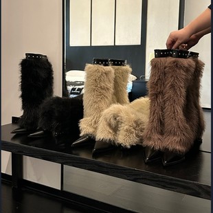 Niche Rabbit Maomao Warm Fashion High Heel Boots Women's 2024 Autumn and Winter Pointed Pants Boots High Boots Women's Snow Boots