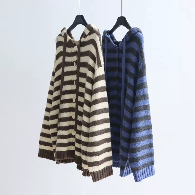 慵懒风软糯条纹连帽开衫女2025秋冬新款百搭时尚宽松遮肉毛衣外套