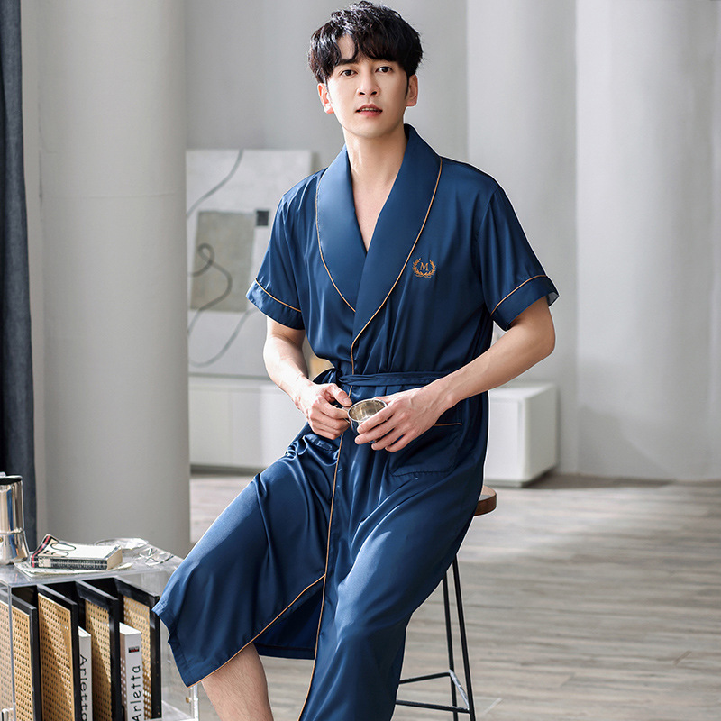 Ice Silk men's nightgown summer short sleeve thin artificial silk pajamas men's sexy summer homewear morning gown bathrobe