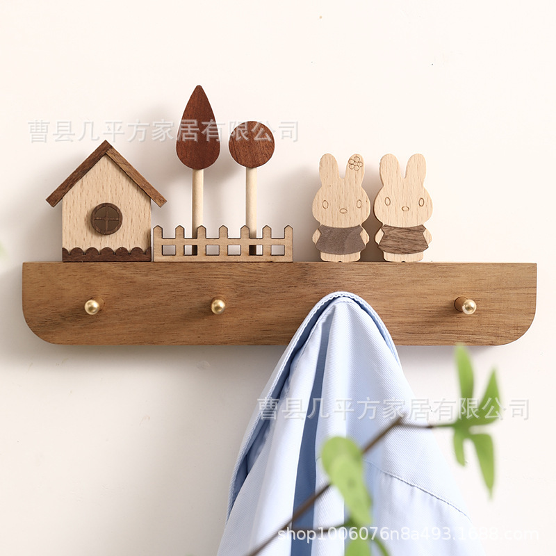 Door Entrance Key Hook Hanger Wall-mounted Door Key Storage Rack Solid Wood Coat Hook Factory Straight Hair