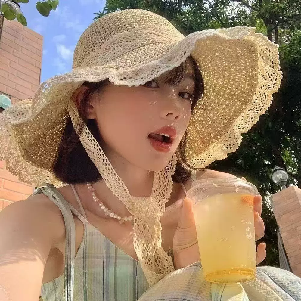 法式草帽女2025夏季新款透气蕾丝花边镂空防晒帽海边帽子遮阳帽