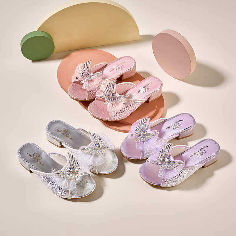 Children's High-heeled Slippers Women's Fashion Korean-style All-match Princess Shoes Summer Girls Going Out Sandals and Slippers Butterfly Crystal Shoes