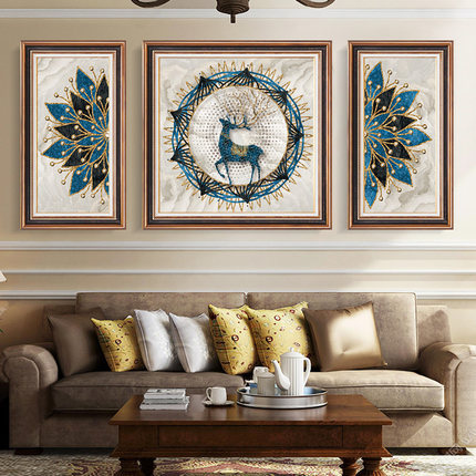 美式客厅装饰画招财进宝大气简约沙发背景墙三联画欧式墙餐厅挂画|ms