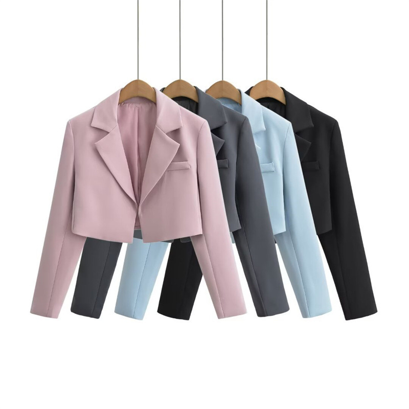 American-Style Niche Padded Shoulder Long-Sleeve Blazer for Women, Vintage Casual Short-Length Buttonless Slim-Fit Suit Jacket