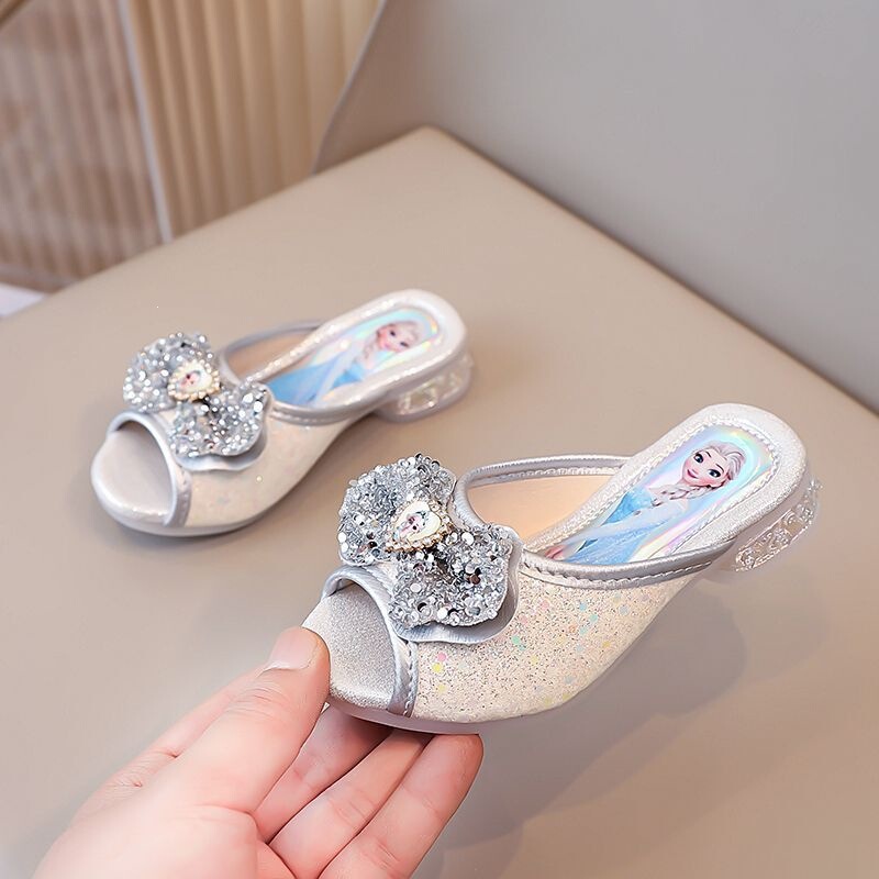 Children's Sandals Frozen Princess Elsa New Style Girls' Shiny Diamond Bow Soft-Soled Non-Slip Soft-Soled Shoes