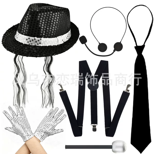 1970S Disco Sequin Hat, Tie, and Glove Set Stage Performance Headset Microphone Costume Accessories Wholesale