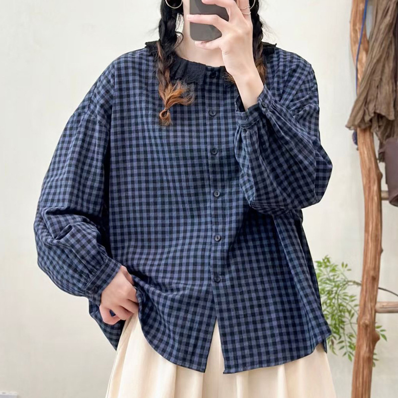 森系花边领休闲格子衬衣女减龄文艺棉质长袖上衣宽松百搭厚料衬衫|undefined