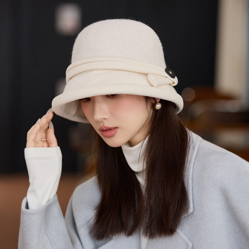 韩版秋冬季帽子女款时尚百搭大头围保暖盆帽蝴蝶结毛呢气质渔夫帽|undefined