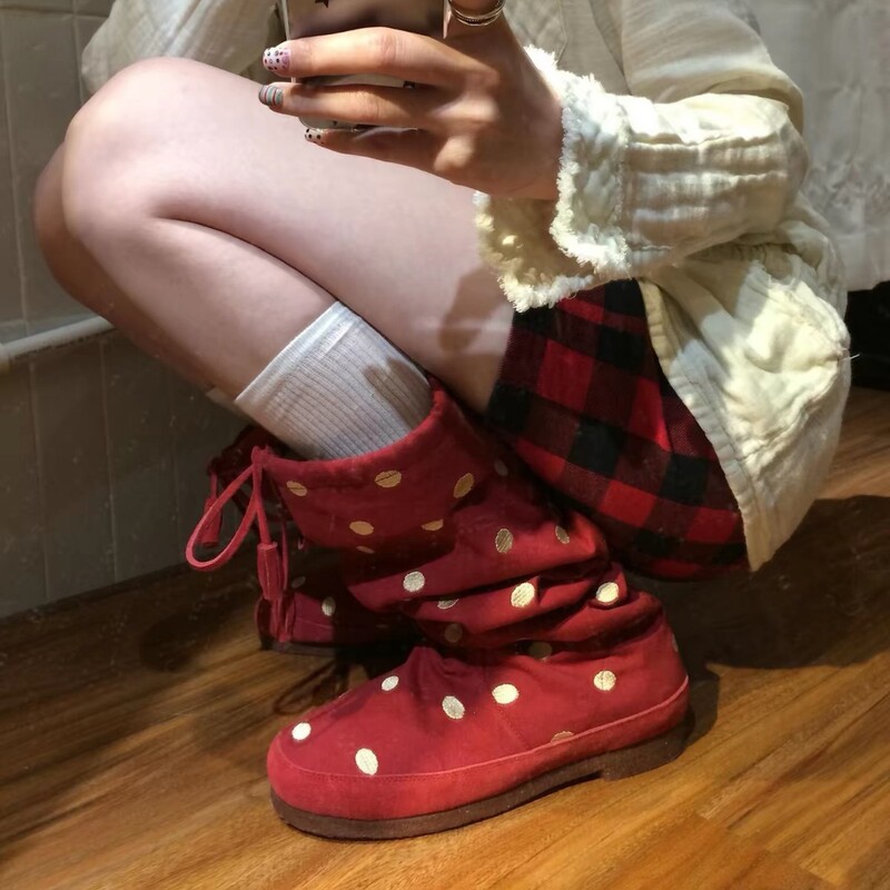 Retro Style~Vintage Red Polka Dot Pleated Boots for Women, Winter Thick-Soled Height-Increasing Round-Toe Cute Boots