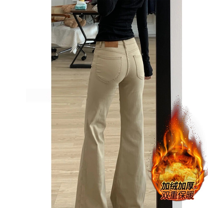 Khaki Velvet Bootcut Jeans for Women 2025 Autumn and Winter New Style Low-Waist Slimming Look Slightly Fat mm Non-Leg-Flared Pants