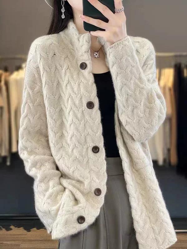 Cashmere cardigan, solid woolen long-sleeve, sweater, increased thickness, oversize