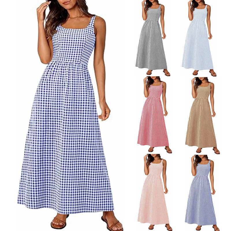 2026 European and American Foreign Trade Cross-Border Women's Clothing Amazon Hot-Selling Item: Spaghetti Strap Square Neck Plaid Ruched Maxi Dress 2026 European and American Foreign Trade Cross-Border Women's Clothing Amazon Hot-Selling Item: Spaghetti Strap Square Neck Plaid Ruched Maxi Dress