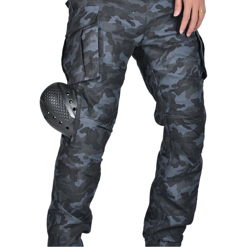 VOLERO pantalones de montar a caballo de la motocicleta de la vendimia pantalones vaqueros de la motocicleta de camuflaje negro multi-bolsa de herramientas de tobillo atado pantalones anti-caída